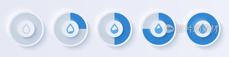 水表。水位指示器。以百分比表示的装载循环。仪表概念与蓝色下降。动画。UI,用户界面。简约的3 d模板。现实的现代设计。矢量插图。